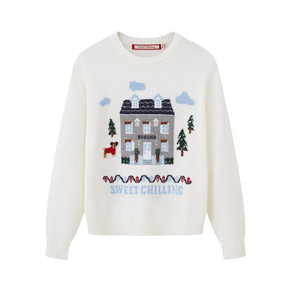 SweetChilling Christmas Cottage Jacquard Crewneck One Shoulder Women&