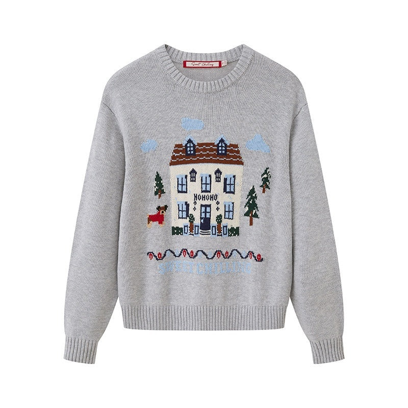 SweetChilling Christmas Cottage Jacquard Crewneck One Shoulder Women&