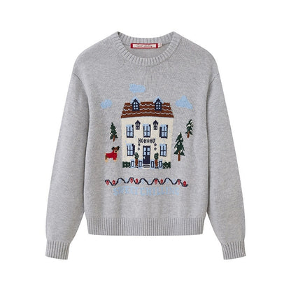 SweetChilling Christmas Cottage Jacquard Crewneck One Shoulder Women&