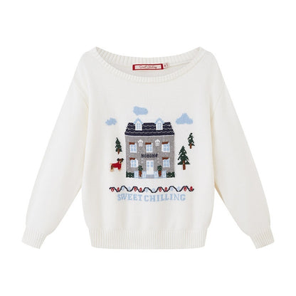 SweetChilling Christmas Cottage Jacquard Crewneck One Shoulder Women&