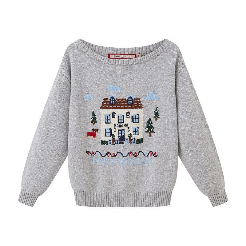 SweetChilling Christmas Cottage Jacquard Crewneck One Shoulder Women&
