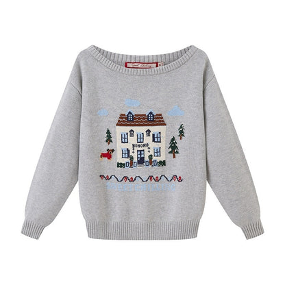 SweetChilling Christmas Cottage Jacquard Crewneck One Shoulder Women&