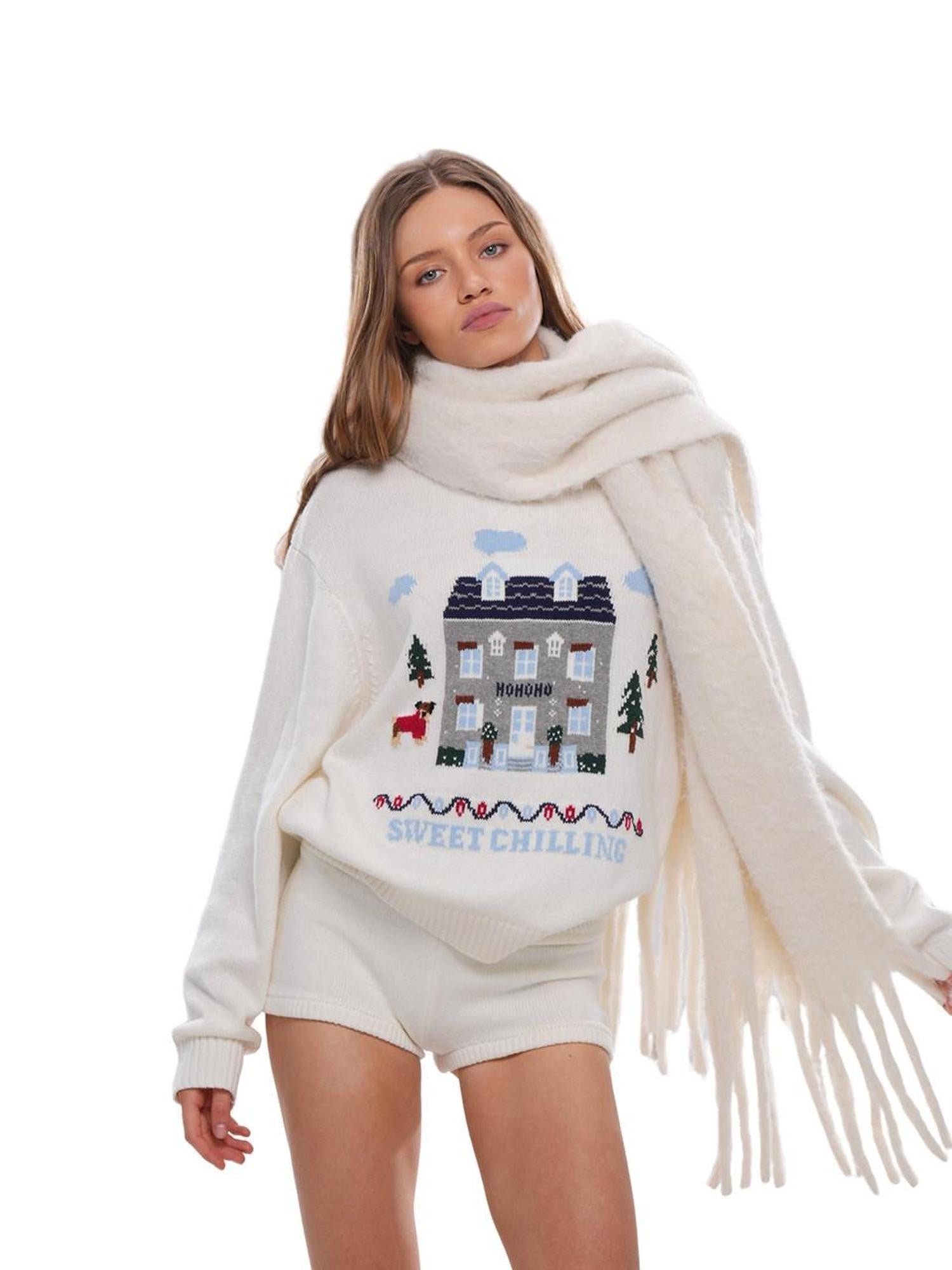 SweetChilling Christmas Cottage Jacquard Crewneck One Shoulder Women&