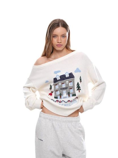 SweetChilling Christmas Cottage Jacquard Crewneck One Shoulder Women&