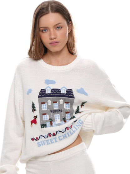 SweetChilling Christmas Cottage Jacquard Crewneck One Shoulder Women&