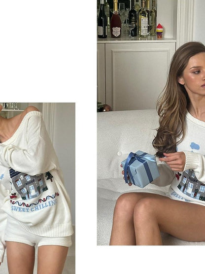 SweetChilling Christmas Cottage Jacquard Crewneck One Shoulder Women&