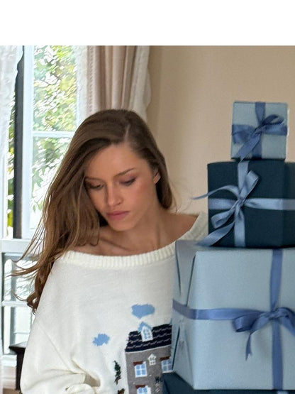 SweetChilling Christmas Cottage Jacquard Crewneck One Shoulder Women&