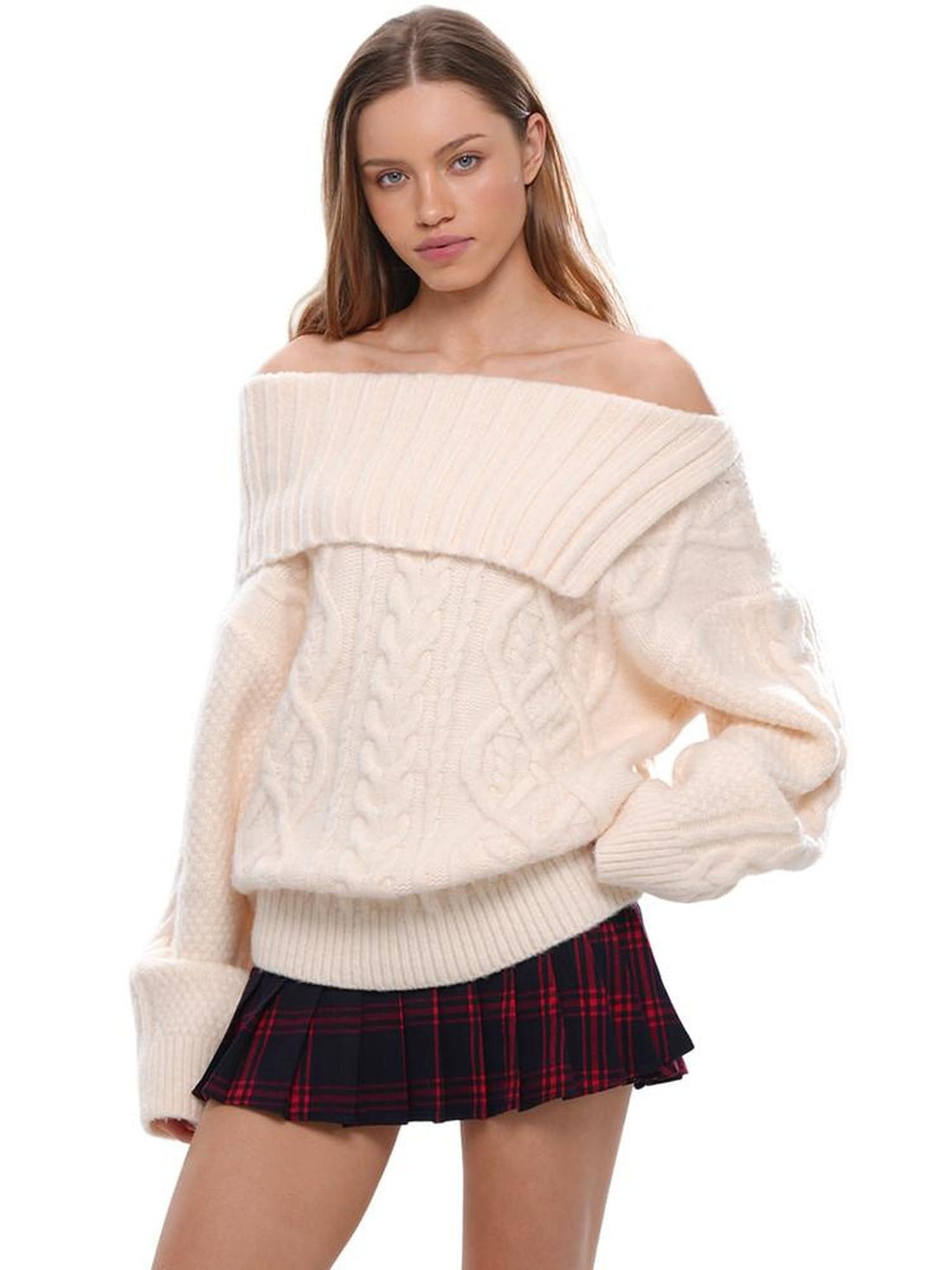 SweetChilling Chunky Cable Turn Down Collar Women&