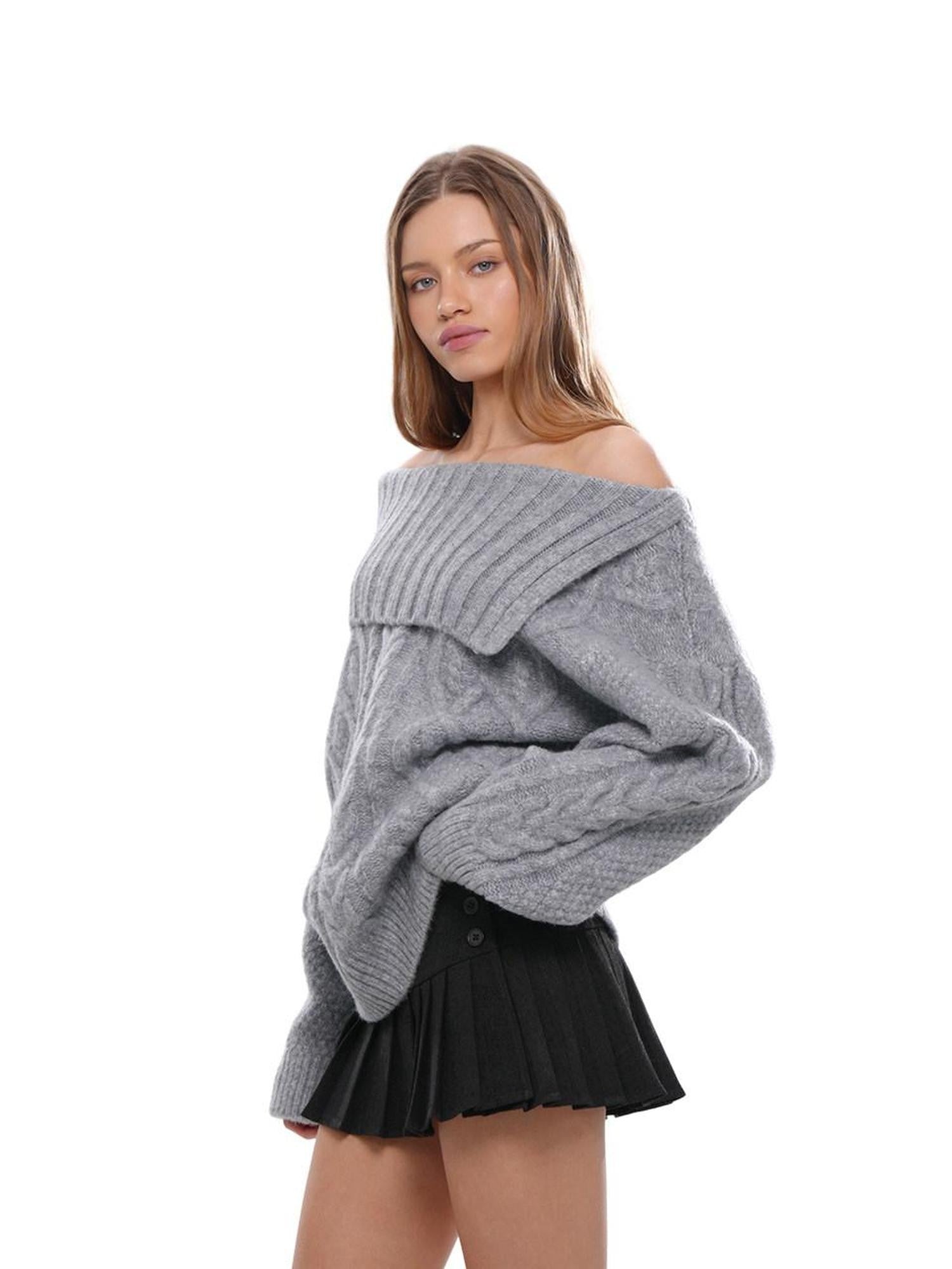 SweetChilling Chunky Cable Turn Down Collar Women&