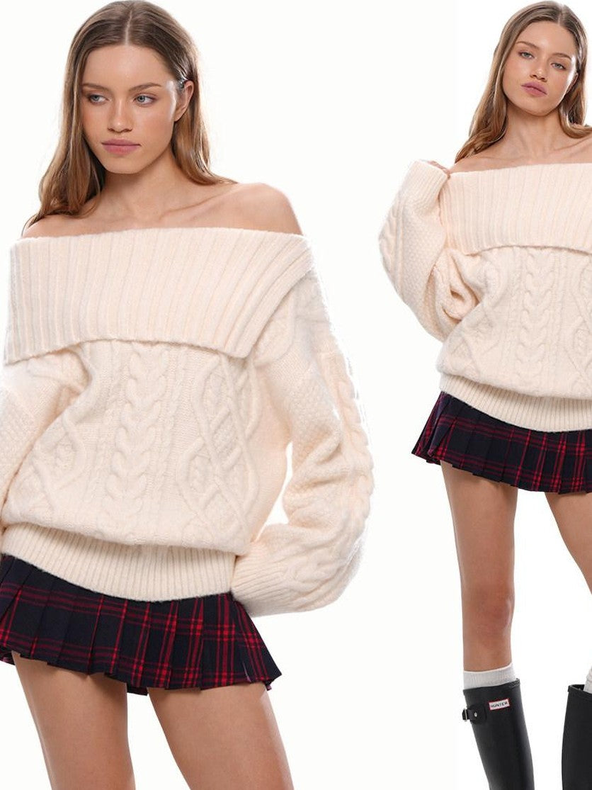 SweetChilling Chunky Cable Turn Down Collar Women&