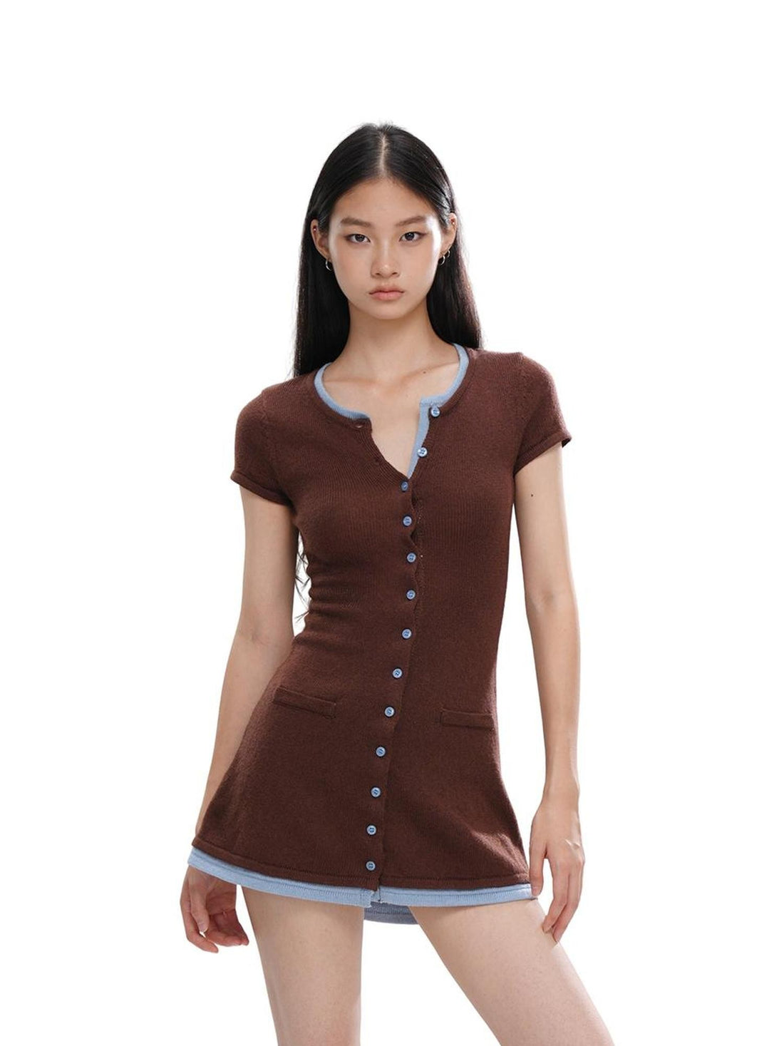 SweetChilling Color Block Faux Two Piece Short Sleeve Wool Blend Women&