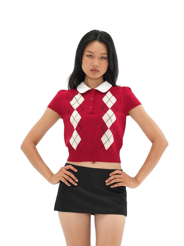 Colorblock Diamond Jacquard Faux Layered Women's Nylon Crop Tops