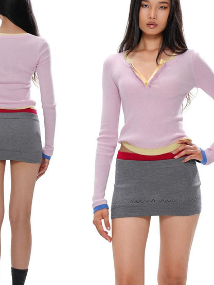 SweetChilling Colorblock Layered Faux Two Piece Knit Women&