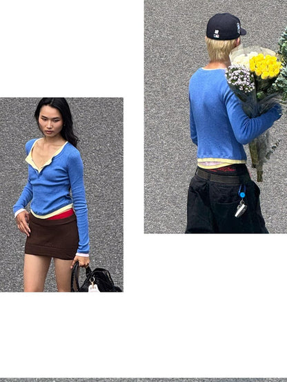 SweetChilling Colorblock Layered Faux Two Piece Knit Women&