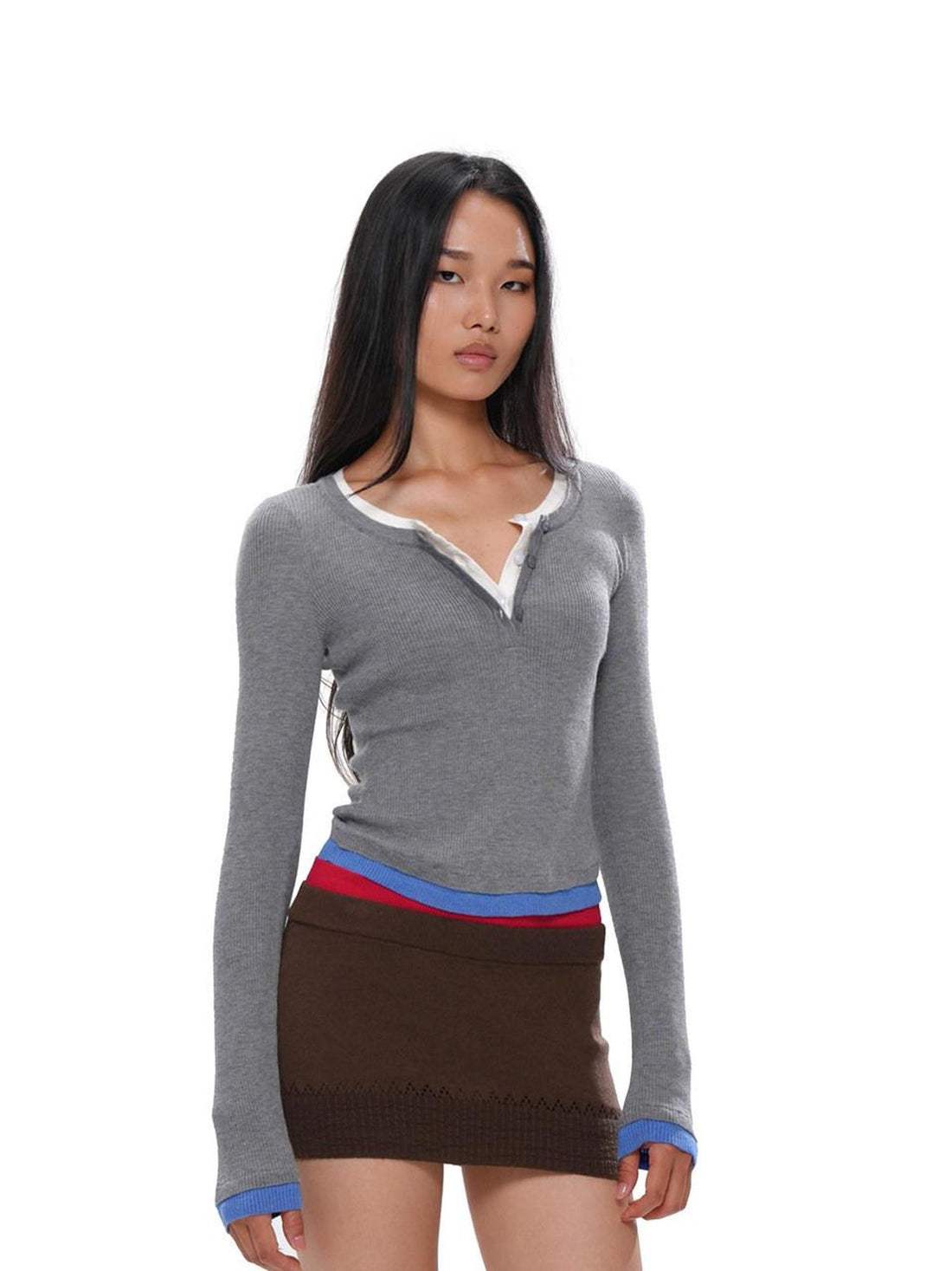SweetChilling Colorblock Layered Faux Two Piece Knit Women&