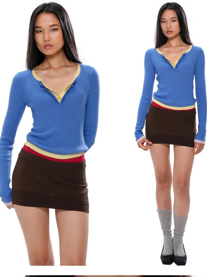 SweetChilling Colorblock Layered Faux Two Piece Knit Women&