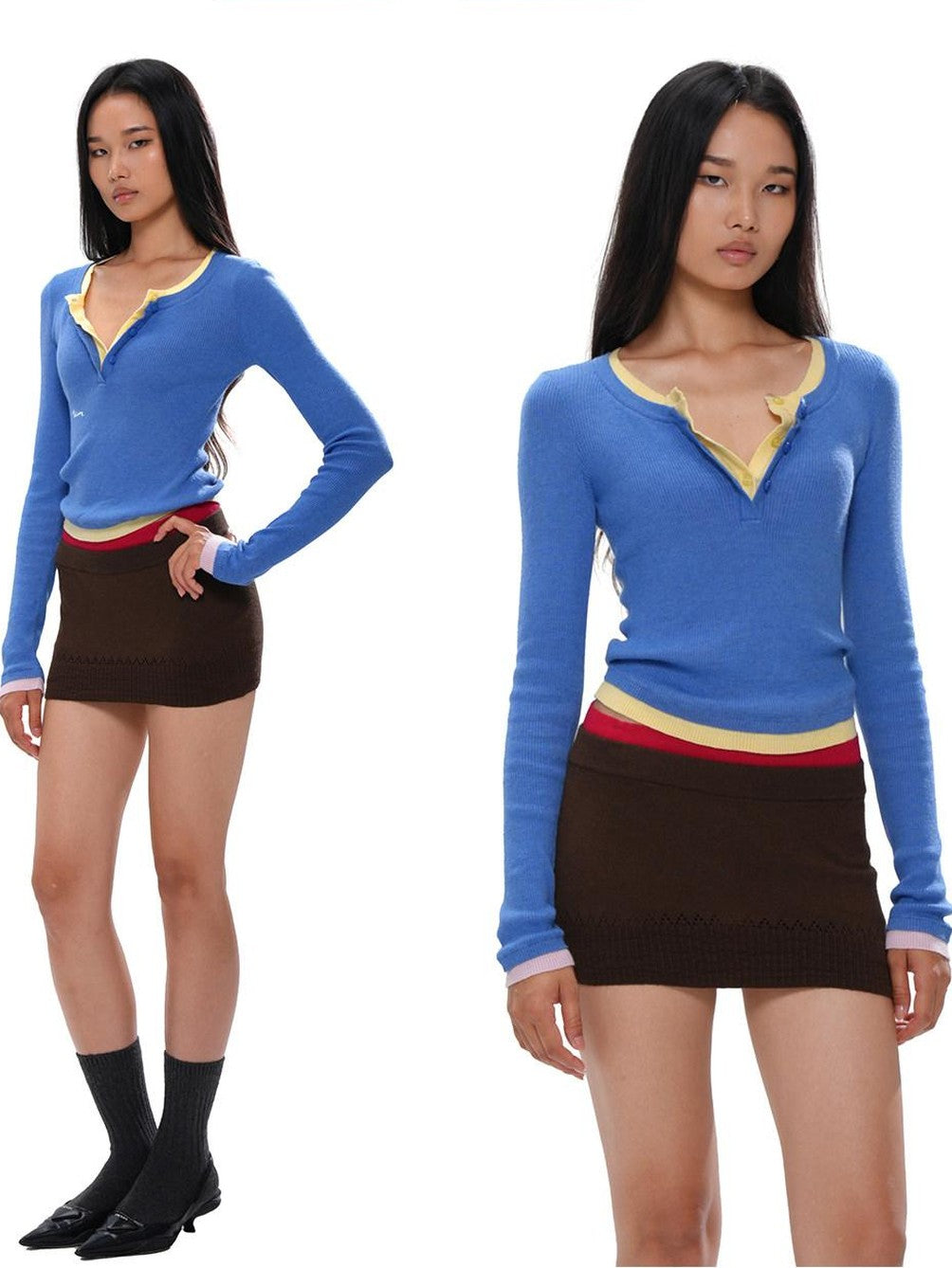 SweetChilling Colorblock Layered Faux Two Piece Knit Women&