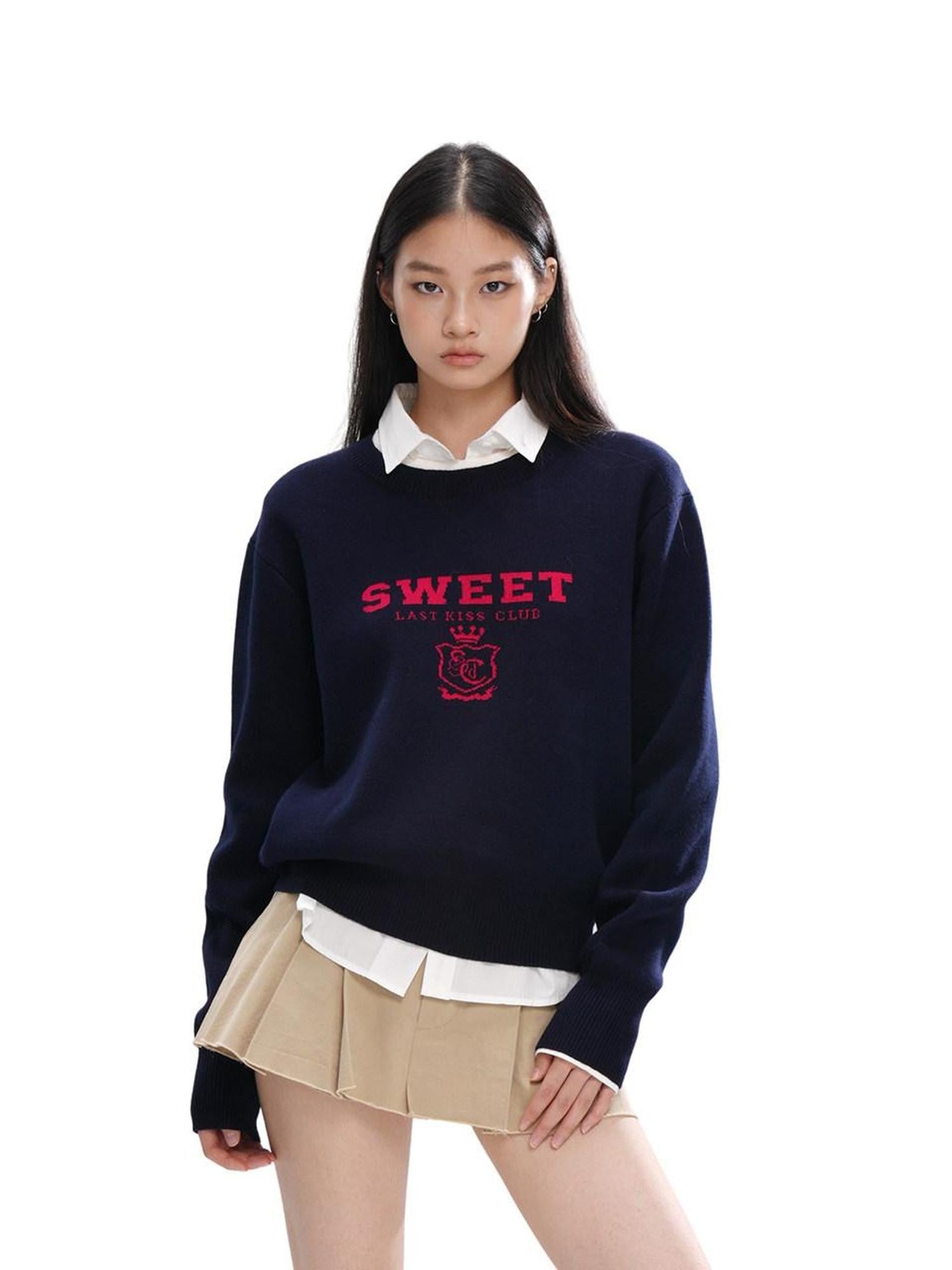 SweetChilling Cropped Faux Two Piece Jacquard Preppy Crewneck Women&
