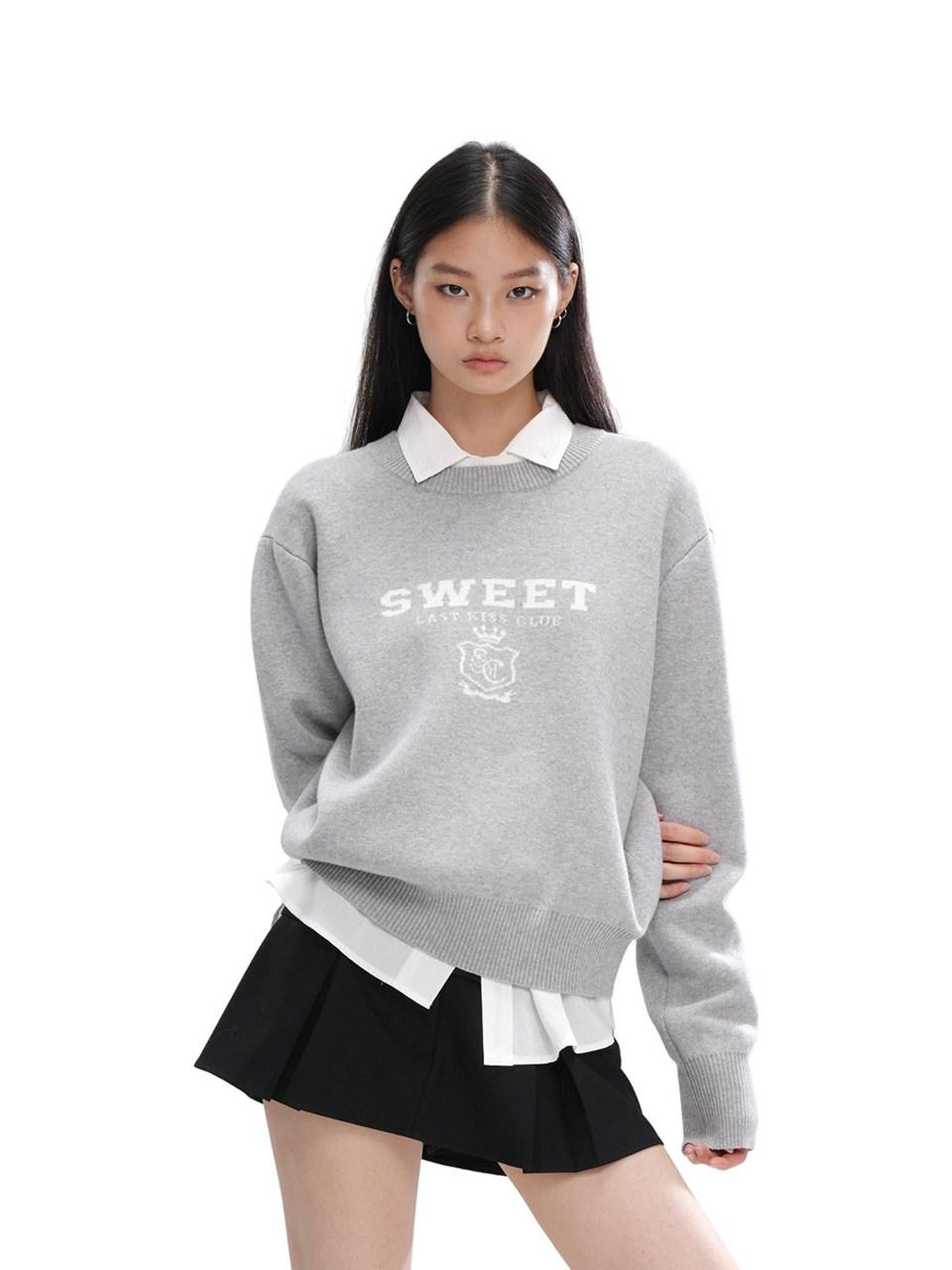 SweetChilling Cropped Faux Two Piece Jacquard Preppy Crewneck Women&