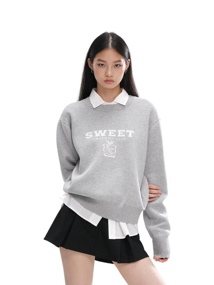 SweetChilling Cropped Faux Two Piece Jacquard Preppy Crewneck Women&