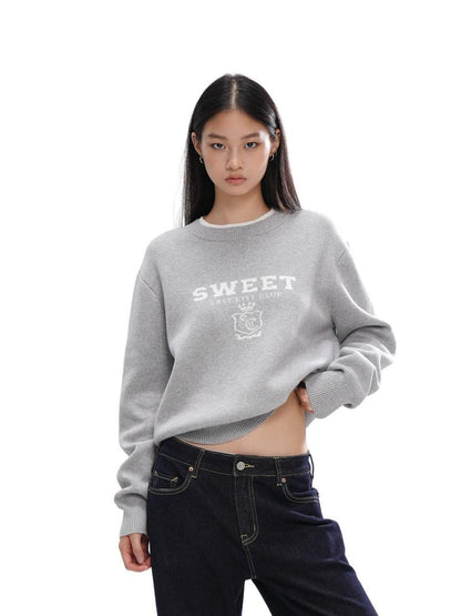 SweetChilling Cropped Faux Two Piece Jacquard Preppy Crewneck Women&