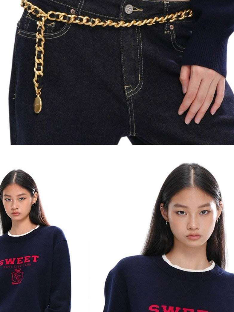 SweetChilling Cropped Faux Two Piece Jacquard Preppy Crewneck Women&