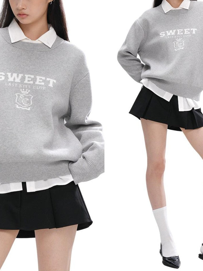 SweetChilling Cropped Faux Two Piece Jacquard Preppy Crewneck Women&