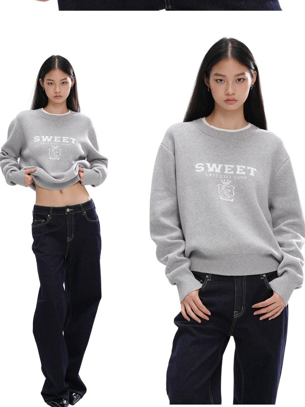 SweetChilling Cropped Faux Two Piece Jacquard Preppy Crewneck Women&