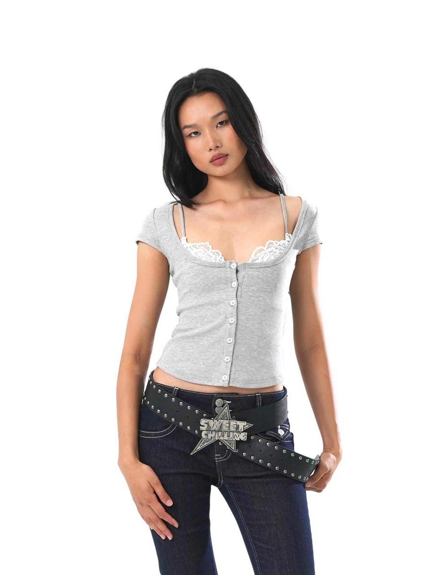 SweetChilling Cropped Lace Trim Cinched Waist Letter Print Women&