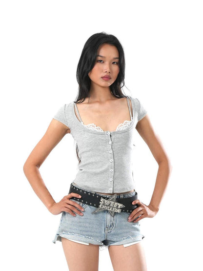 SweetChilling Cropped Lace Trim Cinched Waist Letter Print Women&