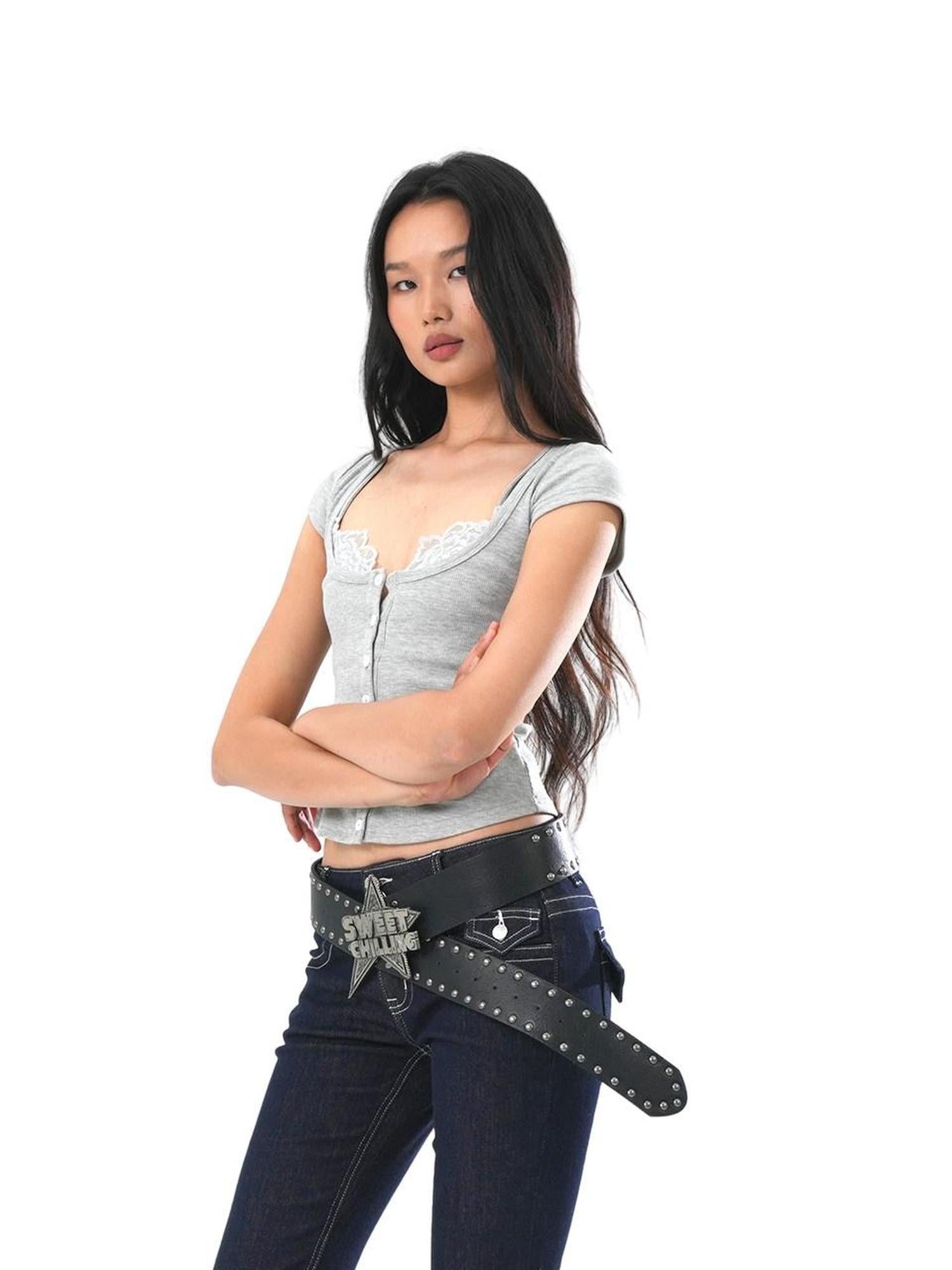 SweetChilling Cropped Lace Trim Cinched Waist Letter Print Women&