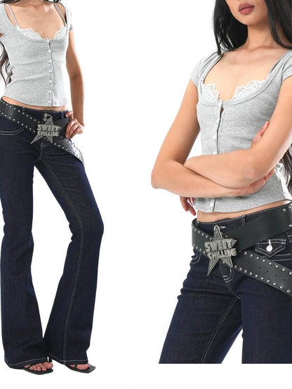 SweetChilling Cropped Lace Trim Cinched Waist Letter Print Women&