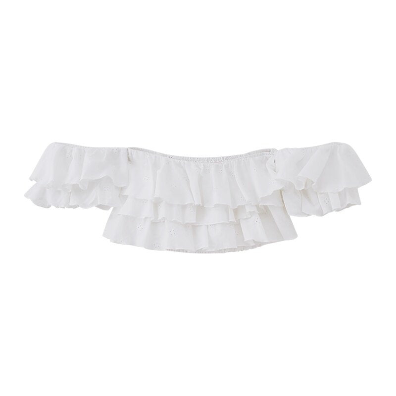 SweetChilling Cropped Layered Ruffle Off Shoulder Letter Print Women&