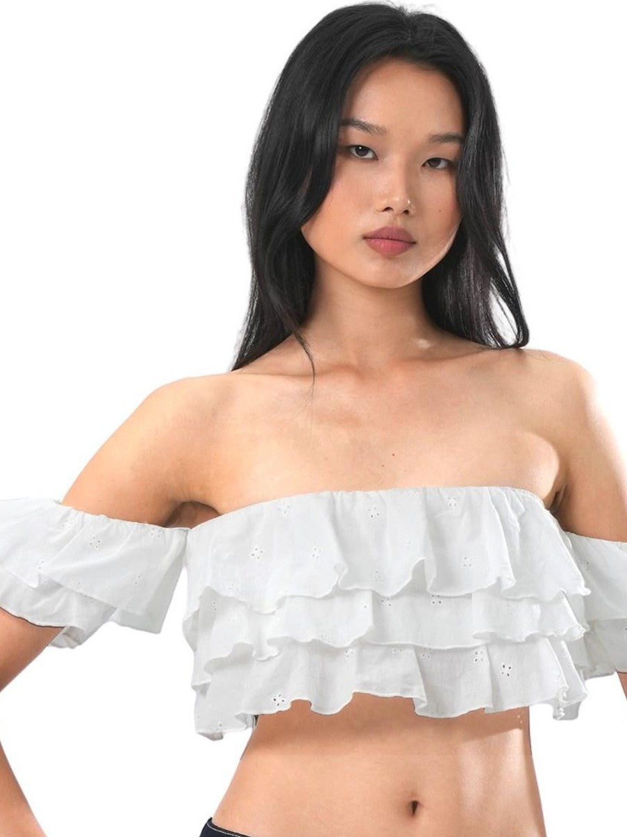 SweetChilling Cropped Layered Ruffle Off Shoulder Letter Print Women&