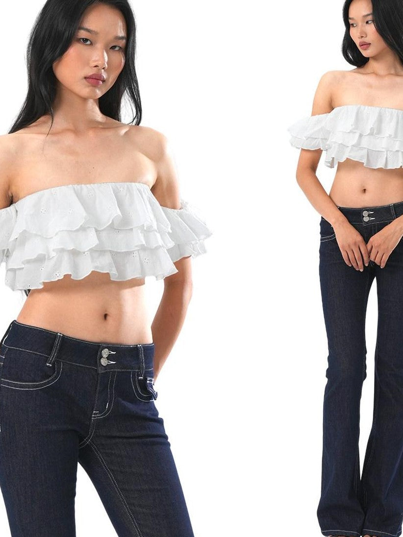 SweetChilling Cropped Layered Ruffle Off Shoulder Letter Print Women&