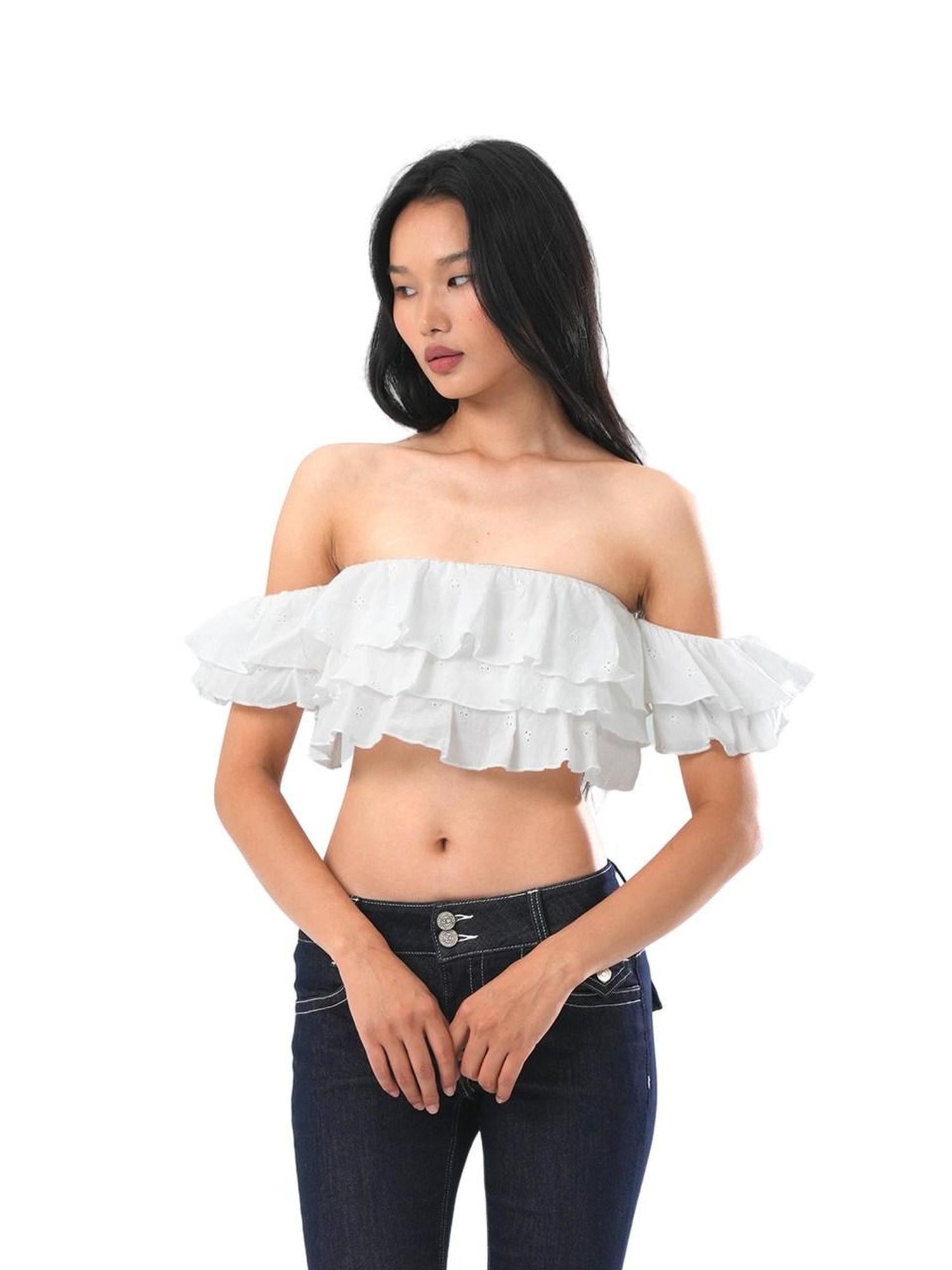 SweetChilling Cropped Layered Ruffle Off Shoulder Letter Print Women&