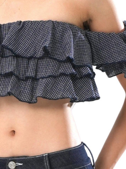 SweetChilling Cropped Layered Ruffle Off Shoulder Letter Print Women&