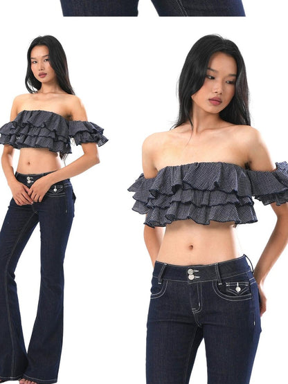 SweetChilling Cropped Layered Ruffle Off Shoulder Letter Print Women&