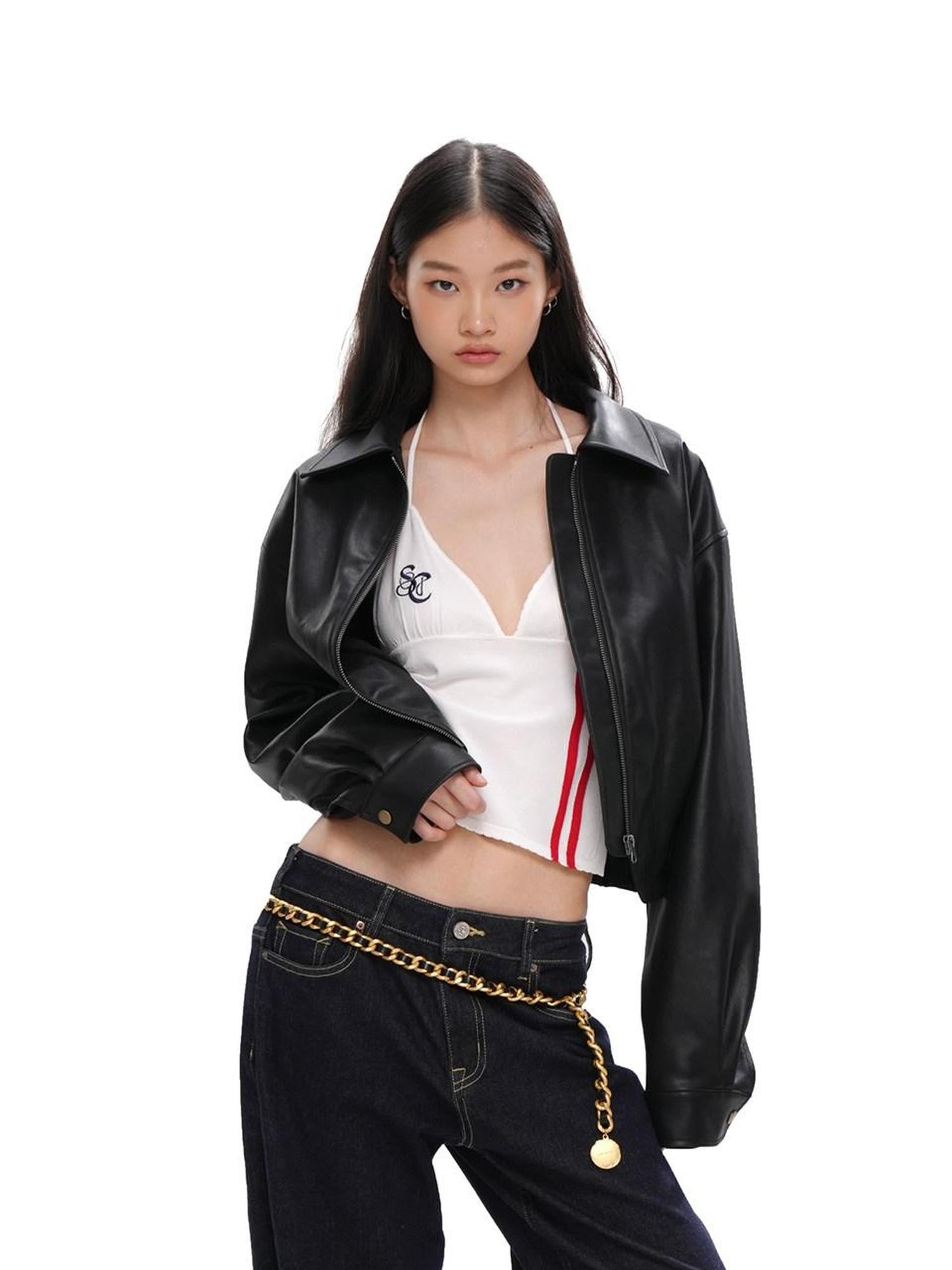 SweetChilling Cropped Shiny Fleece Lined Zipped Lapel Fitted Women&