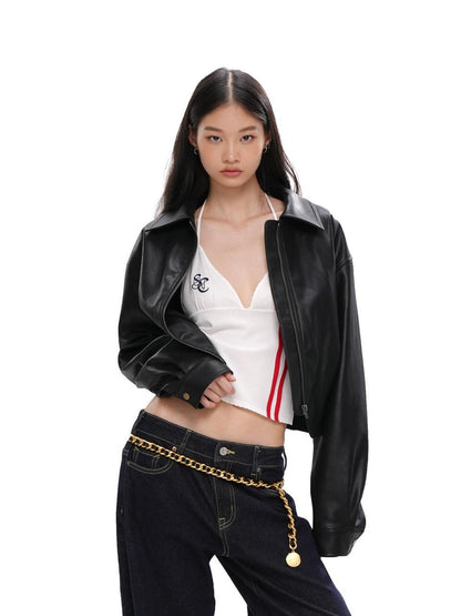 SweetChilling Cropped Shiny Fleece Lined Zipped Lapel Fitted Women&
