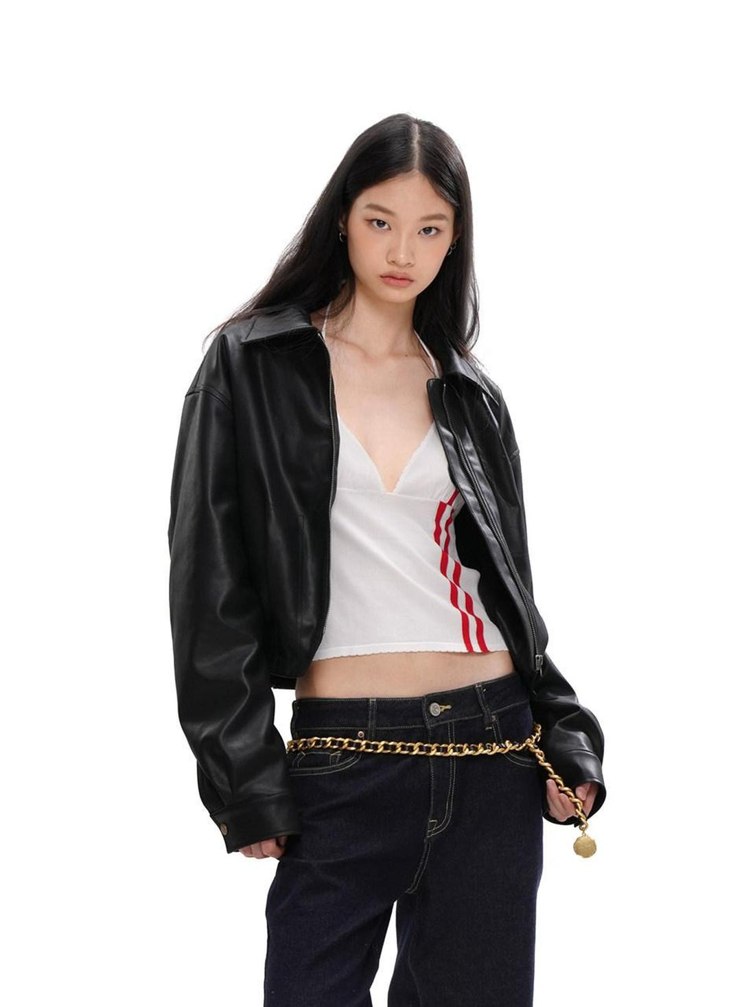 SweetChilling Cropped Shiny Fleece Lined Zipped Lapel Fitted Women&