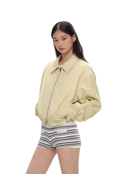 SweetChilling Cropped Shiny Fleece Lined Zipped Lapel Fitted Women&