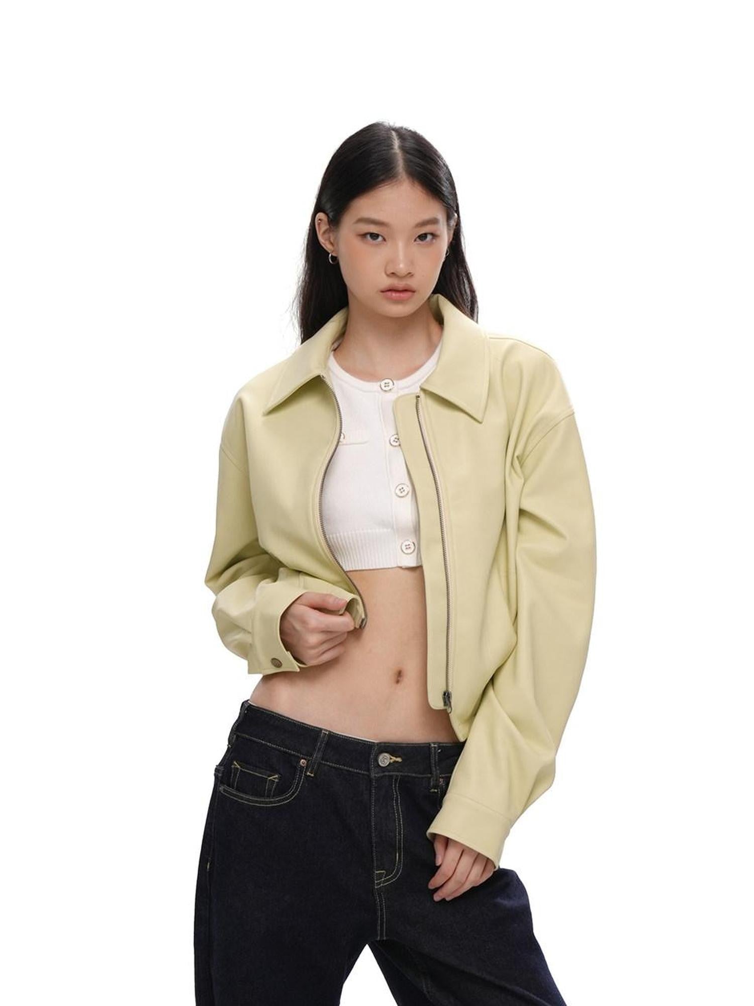 SweetChilling Cropped Shiny Fleece Lined Zipped Lapel Fitted Women&