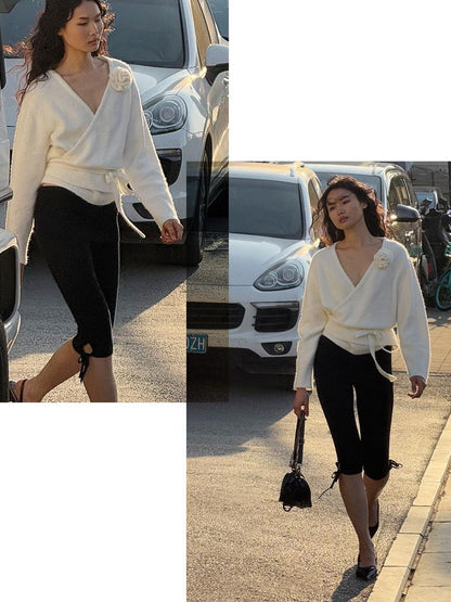 SweetChilling Cropped V-neck 3d Floral Loop Wrap Women&