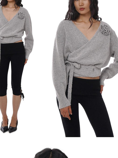 SweetChilling Cropped V-neck 3d Floral Loop Wrap Women&