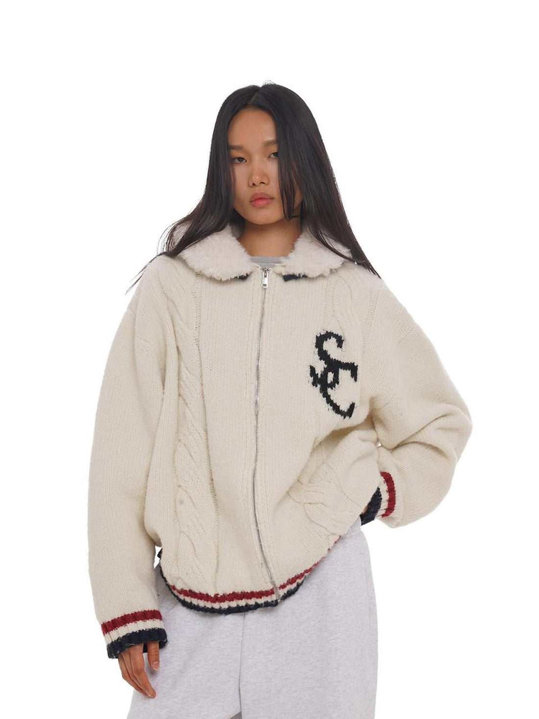SweetChilling Detachable Faux Lamb Collar Letter Jacquard Women&