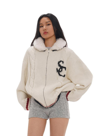 SweetChilling Detachable Faux Lamb Collar Letter Jacquard Women&