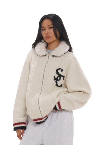SweetChilling Detachable Faux Lamb Collar Letter Jacquard Women&