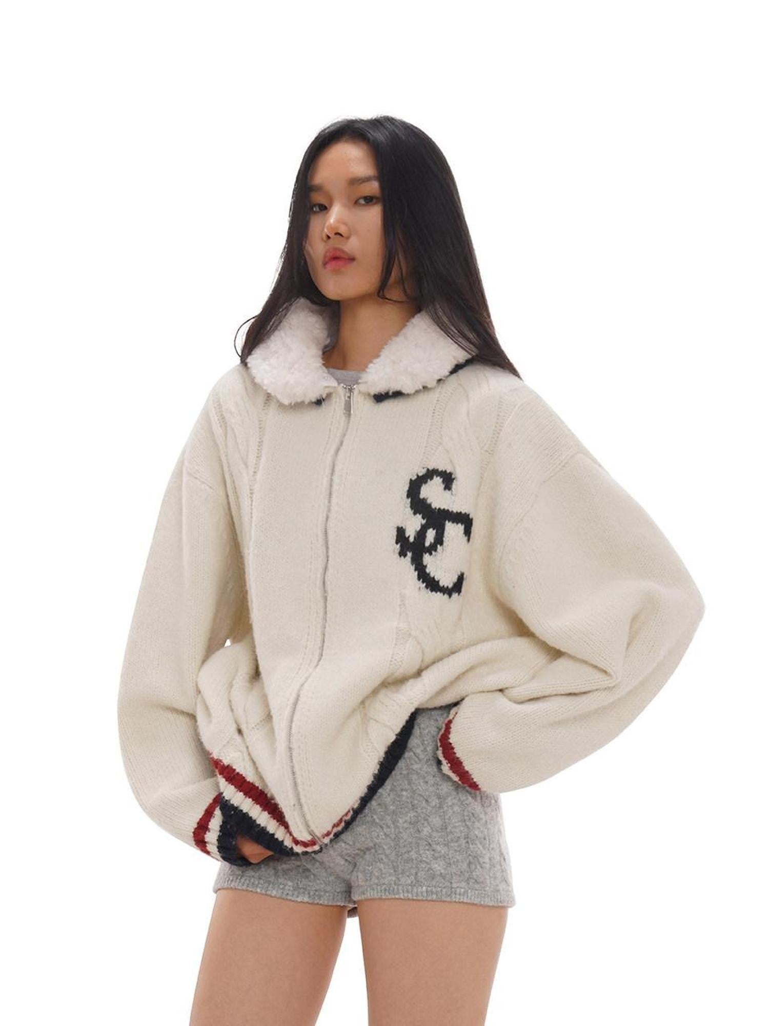 SweetChilling Detachable Faux Lamb Collar Letter Jacquard Women&