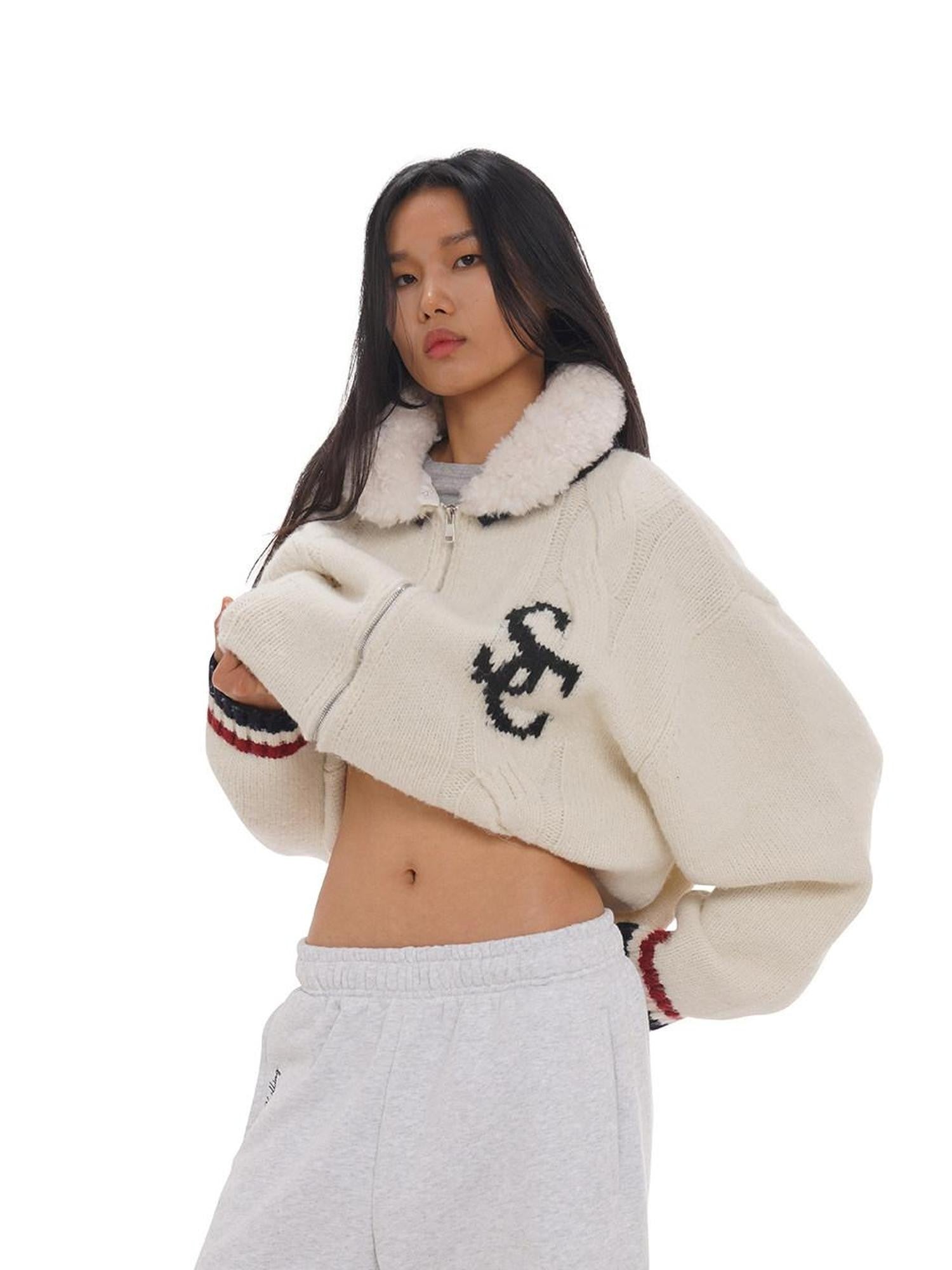 SweetChilling Detachable Faux Lamb Collar Letter Jacquard Women&